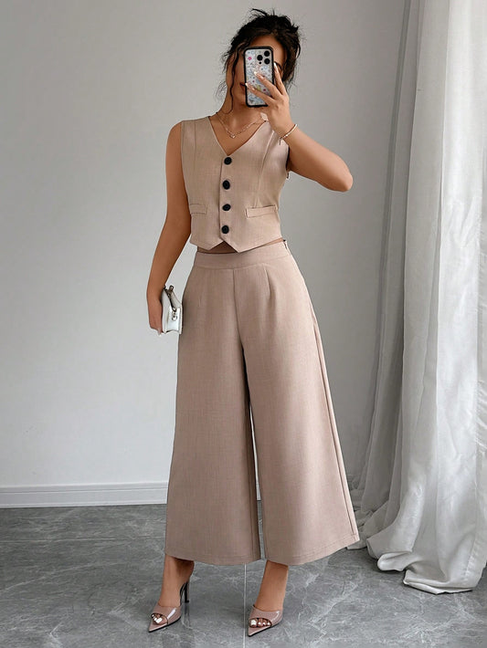SHEIN Privé Chaleco y pantalón simples y lisos para mujeres para uso diario