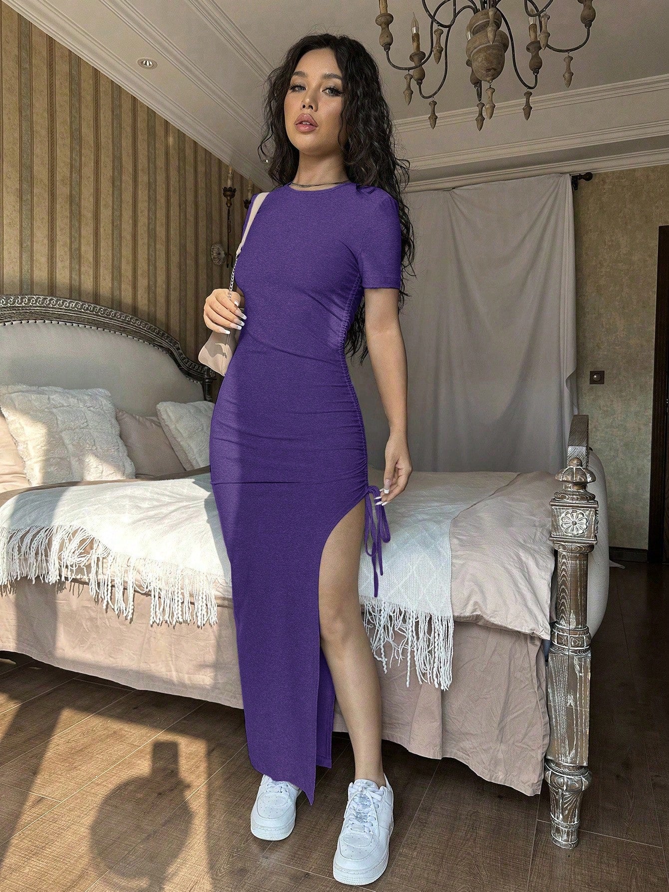 SHEIN EZwear Vestido largo ajustado de verano con abertura lateral con cordón