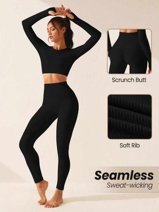 SHEIN Sport Lifespree Conjunto de ropa deportiva sin costuras y de alta elasticidad con top de manga larga de cuello redondo de unicolor y pantalones minimalistas para mujer