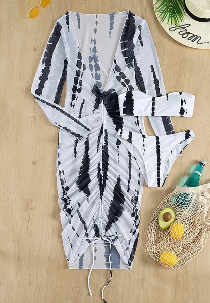 Conjunto Chic de Bikini Tie Dye de 3 Piezas - Top Tubo Bandeau & Vestido Largo de Playa con Manga Larga - Traje de Baño para Mujeres y Glamour Playero