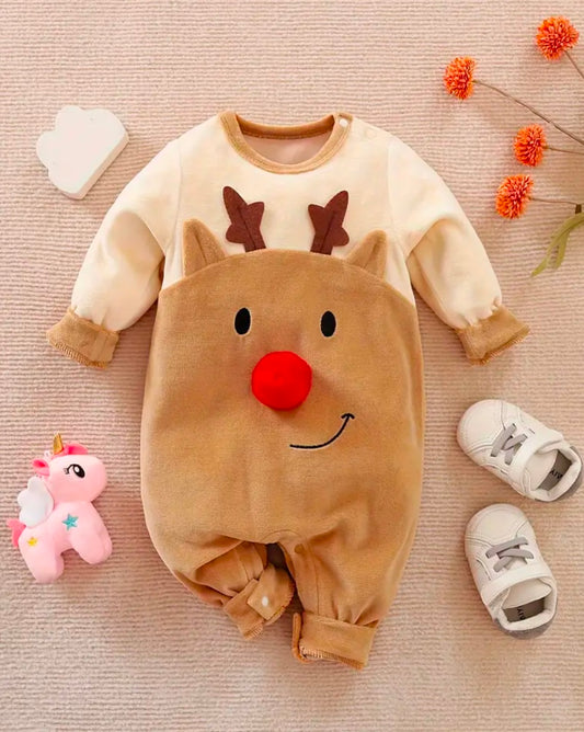 Romper de reno navideño mono para bebés - Tela de punto de mezcla de algodón, salto de pelusa gruesa de otoño/invierno con diseño de bloque de color y detalle de nariz roja - Ajuste regular, para exterior