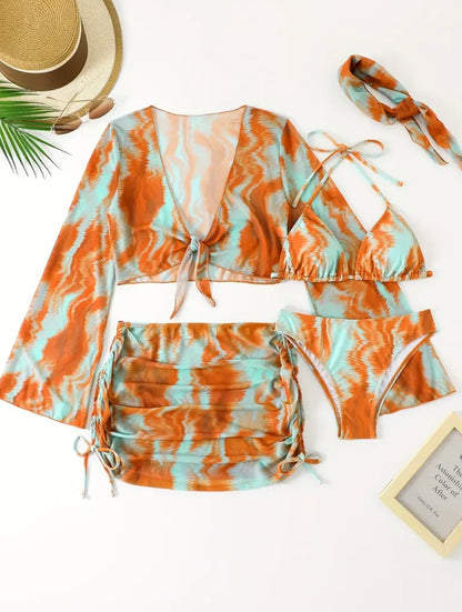 Conjunto de Bikini Estampado para Mujer con Cubierta, Cuello en V y Manga Larga, Tejido de Poliéster y Elastano de Alta Elasticidad, Tejido de Punto - Conjunto de Baño de 5 Piezas