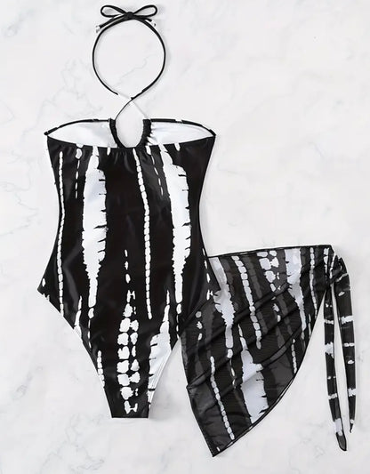 Traje de Baño de Una Pieza para Mujer con Estampado Completo, Almohadillas Extraíbles y Falda con Lazo en los Lados - Mezcla de Poliéster Elástico y No Transparente para Primavera/Verano