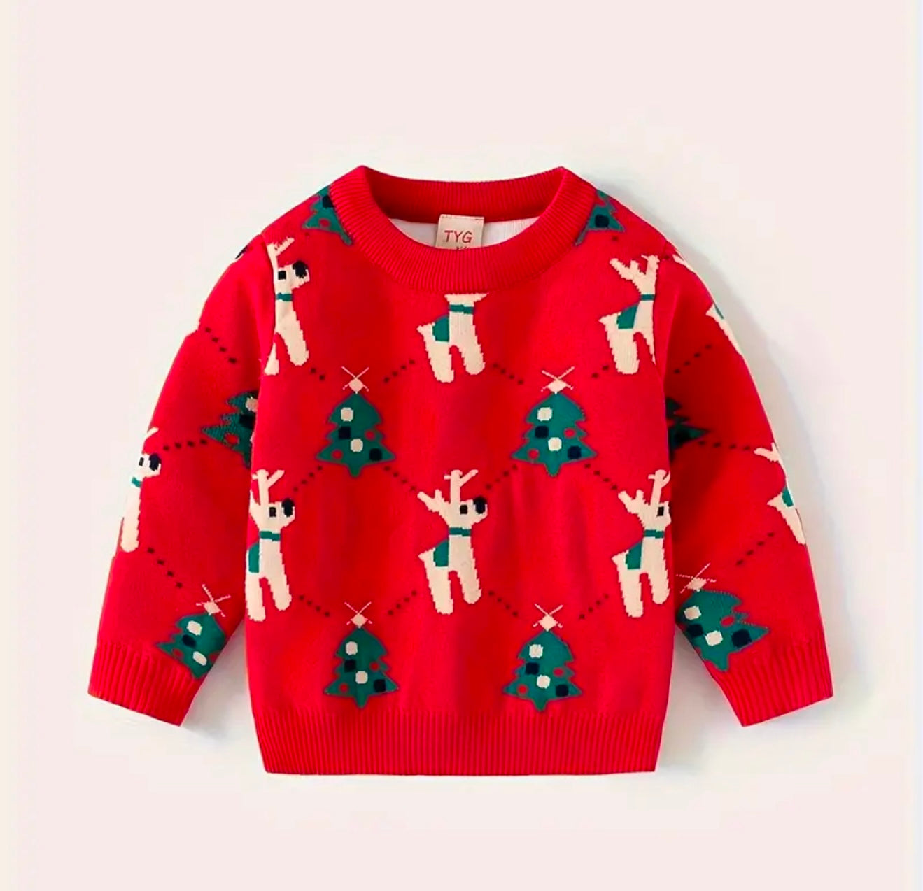 Suéter navideño informal de punto de mezcla de algodón para niños con estampado de alce y árbol