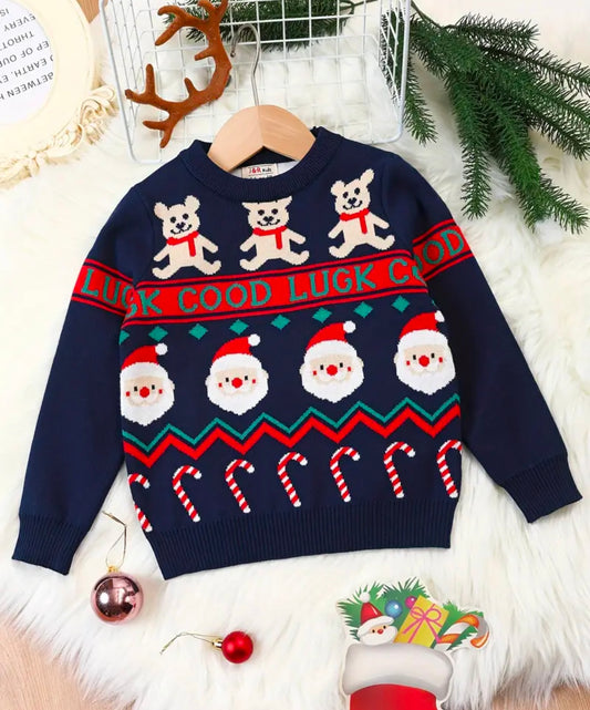 Suéter de Navidad Adorable de Oso y Santa para Niños