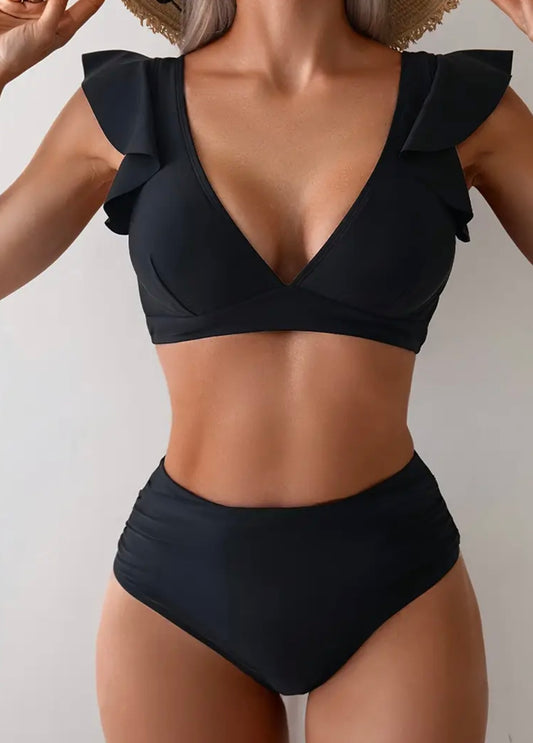 Conjunto de Bikini de Color Sólido para Mujer - Escote en V, Mezcla de Nylon y Elastano de Alta Elasticidad, Traje de Baño No Transparente
