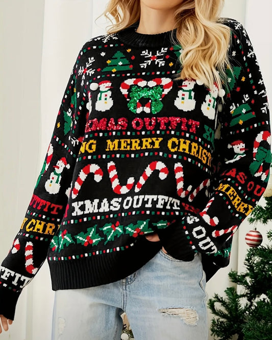 Suéter Festivo de Navidad para Mujer - Cuello Redondo Casual con Diseño de Muñeco de Nieve y Árbol de Lentejuelas