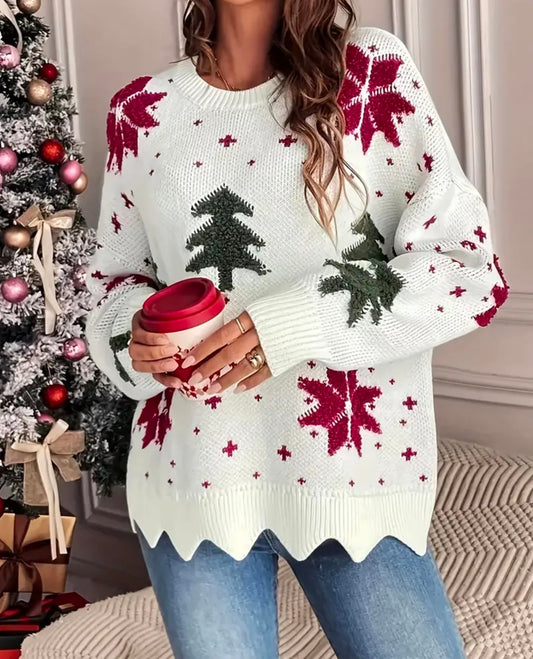 Suéter con Cuello Redondo y Estampado de Árbol de Navidad
