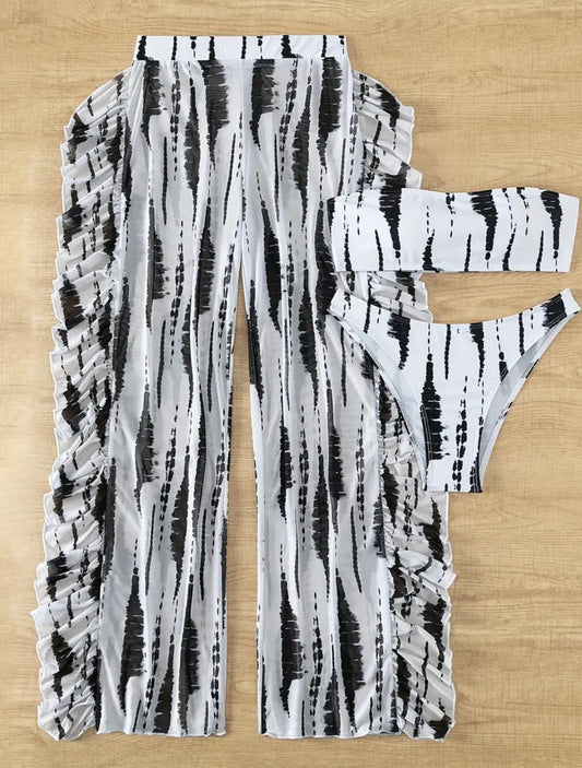 Conjunto de Bikini Tie-Dye Chic para Mujer con Detalle de Volantes - Poliéster/Spandex Elástico, Lavable a Máquina, Traje de Baño de Dos Piezas de Cintura Alta en Negro y Blanco, Conjunto de Bikini de Cintura Alta