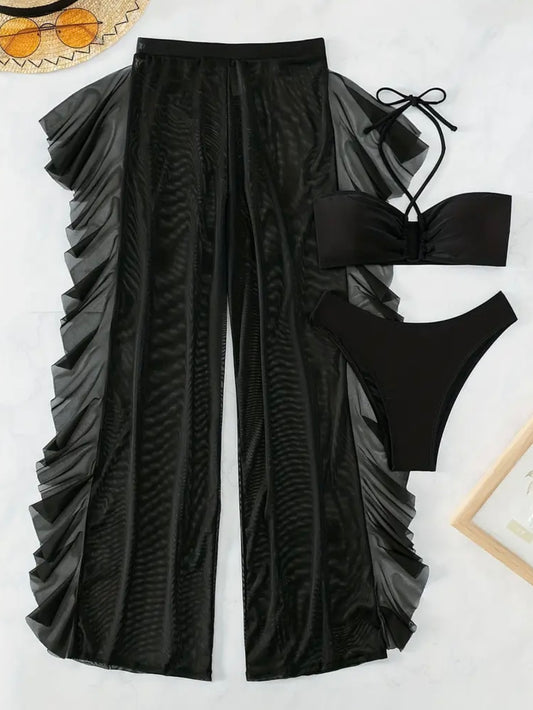 Conjunto de Bikini Elegante de 3 Piezas con Falda de Malla Transparente - Traje de Baño de Cuello Cruzado y Cintura Alta para Mujer
