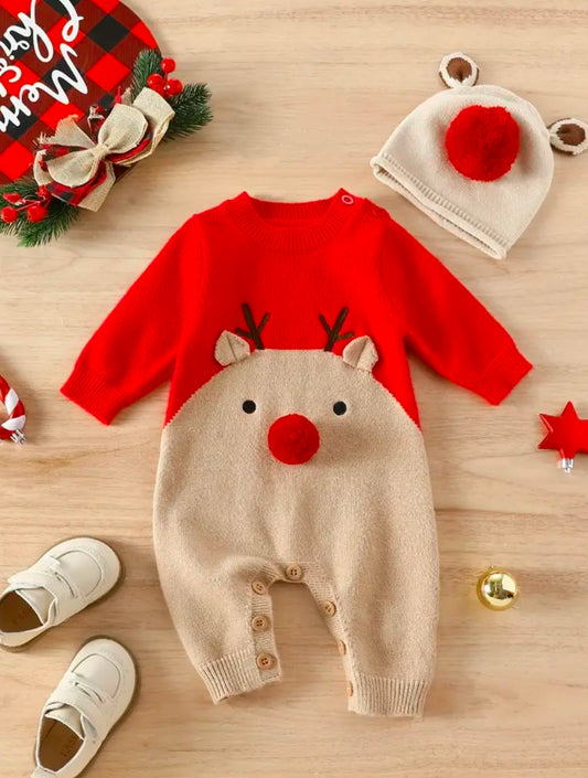 Lindo mameluco de reno de dibujos animados de punto con gorro a juego para niños pequeños - Mezcla de rayón, cuello redondo, manga larga, estiramiento medio, longitud larga - Traje de otoño/invierno