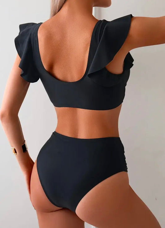 Conjunto de Bikini de Color Sólido para Mujer - Escote en V, Mezcla de Nylon y Elastano de Alta Elasticidad, Traje de Baño No Transparente