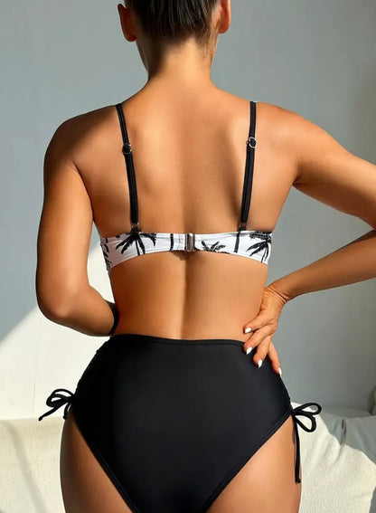 Top Push Up con Estampado, Conjunto de 2 pzas de Top Push Up Fruncido con Estampado de Árbol de Coco y Parte Inferior con Cordón, Negro, Ropa y Traje de Baño de Mujer Bikini