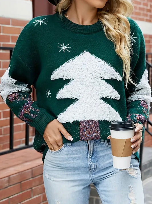 Suéter Elegante con Patrón de Árbol de Navidad para Mujer