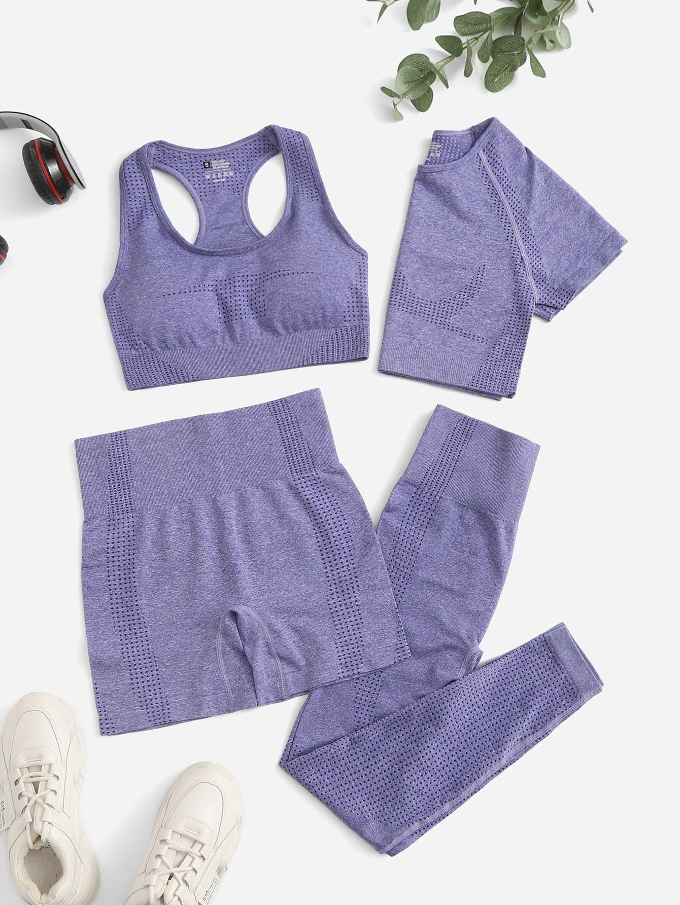 4 piezas Conjunto deportivo inconsútil de manga raglán de cintura ancha