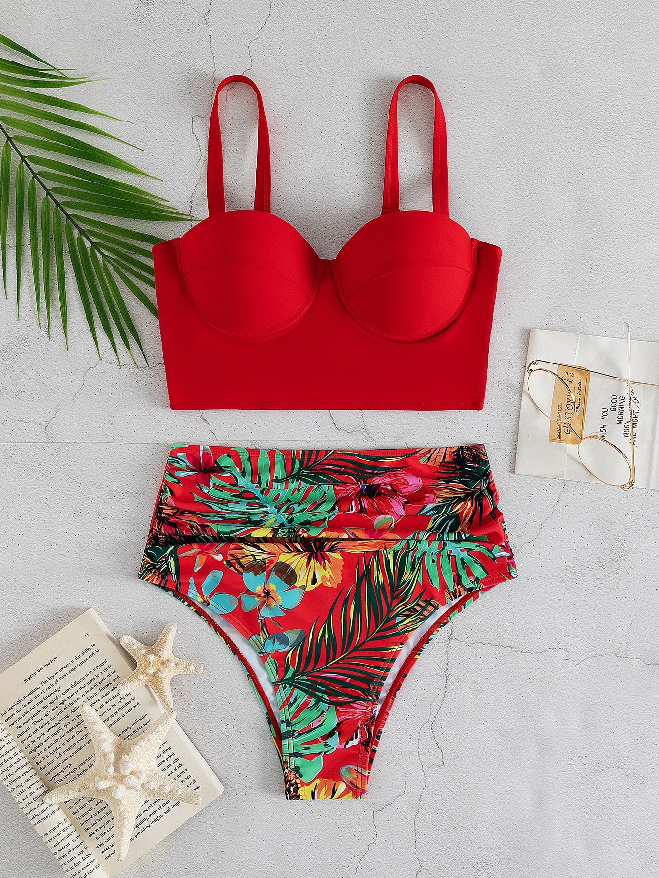 Bañador bikini push up tropical fruncido