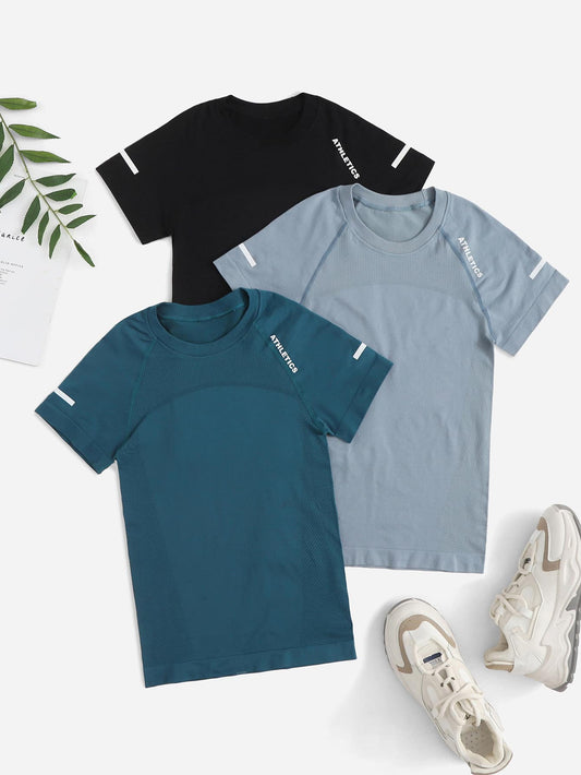 3 piezas Camiseta deportiva con patrón de letra de manga raglán tejido de canalé
