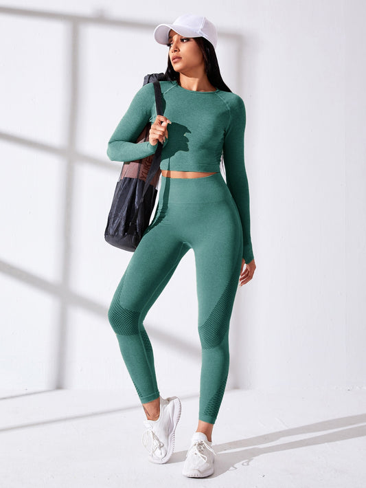 Conjunto de Yoga inconsútil, 2 piezas, traje deportivo con agujeros para los pulgares, Top de costura con mangas raglán, mallas ajustadas a la cadera