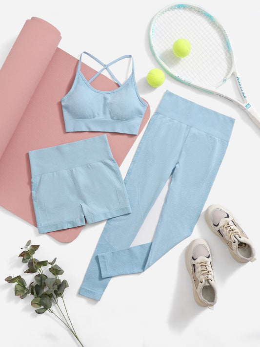 3 piezas Conjunto deportivo inconsútil suave de cintura ancha