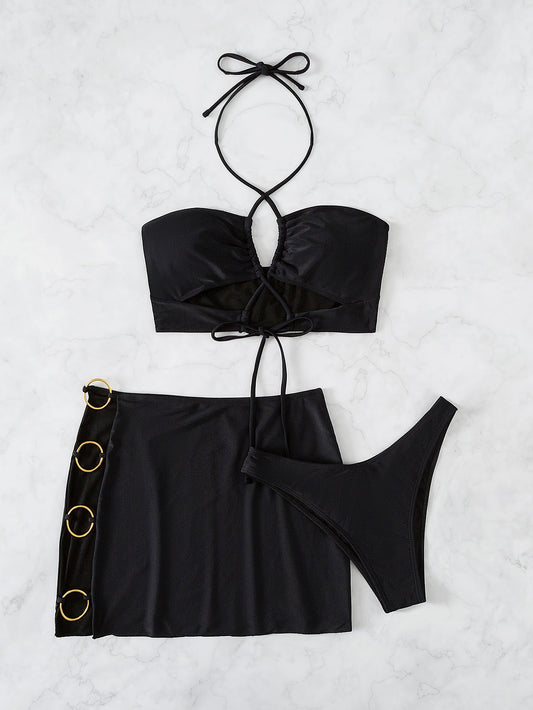 3 piezas con abertura Bañador bikini halter & con aro O Falda de playa