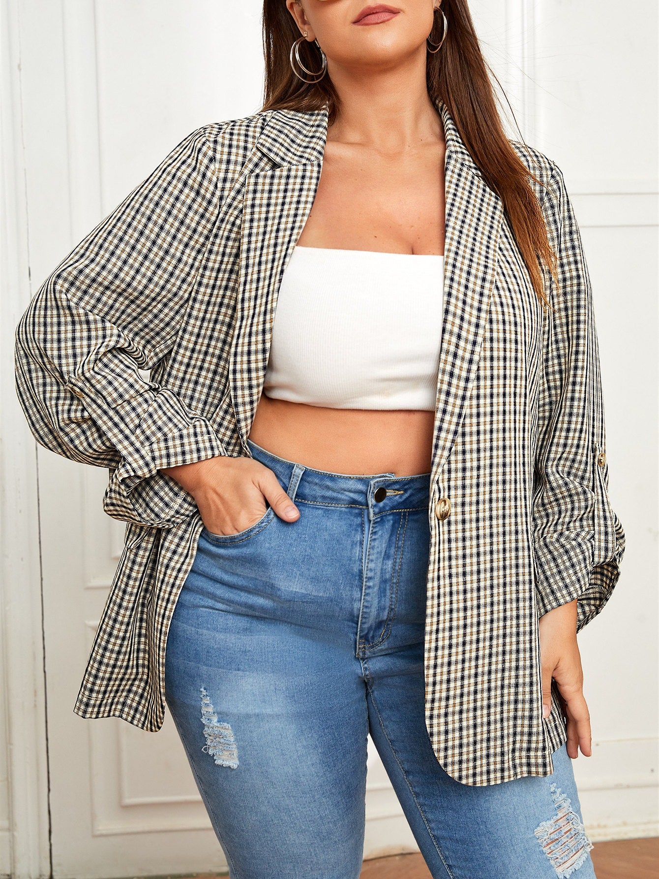 Blazer con estampado de cuadros de manga enrollada con botón