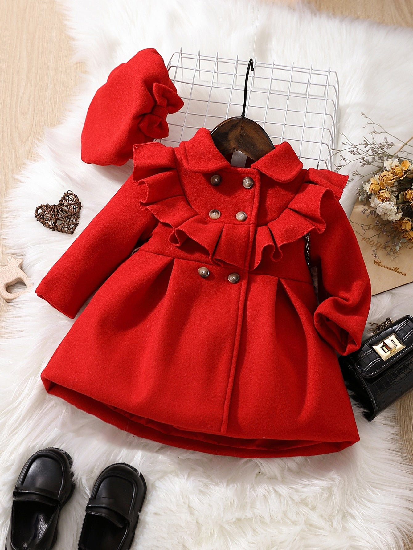 Bebé Abrigo ribete con fruncido de doble botonadura & Sombrero