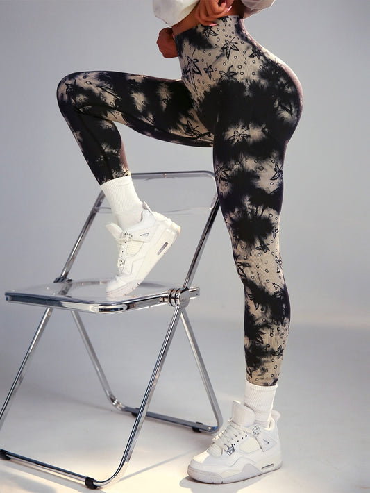 Leggings deportivos de tie dye con estampado de hoja de cintura ancha