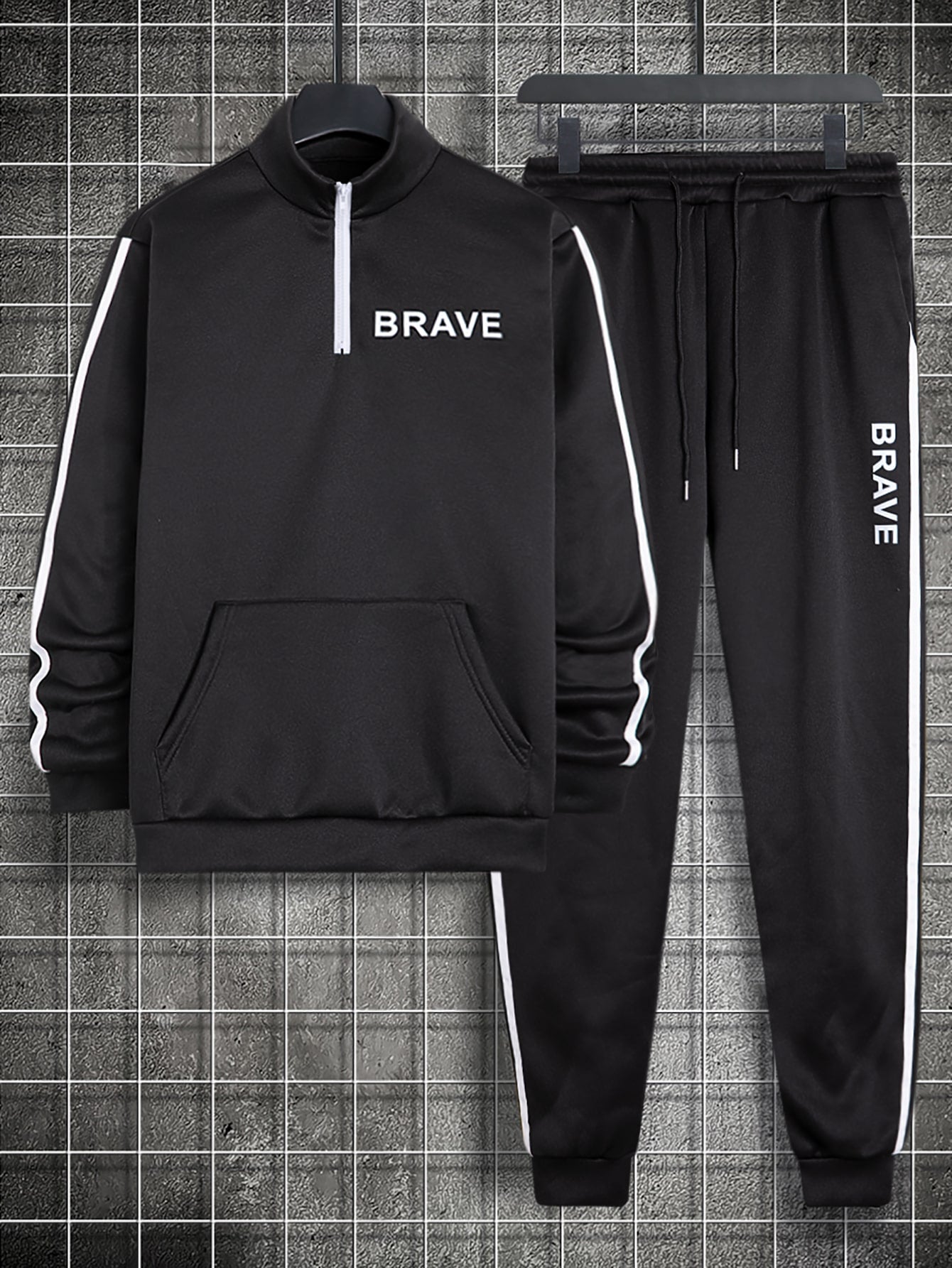 Hombres con estampado de letra con cinta en contraste con cremallera cuarta Pullover & de cintura con cordón Pantalones deportivos