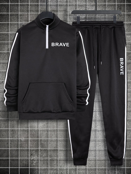 Hombres con estampado de letra con cinta en contraste con cremallera cuarta Pullover & de cintura con cordón Pantalones deportivos