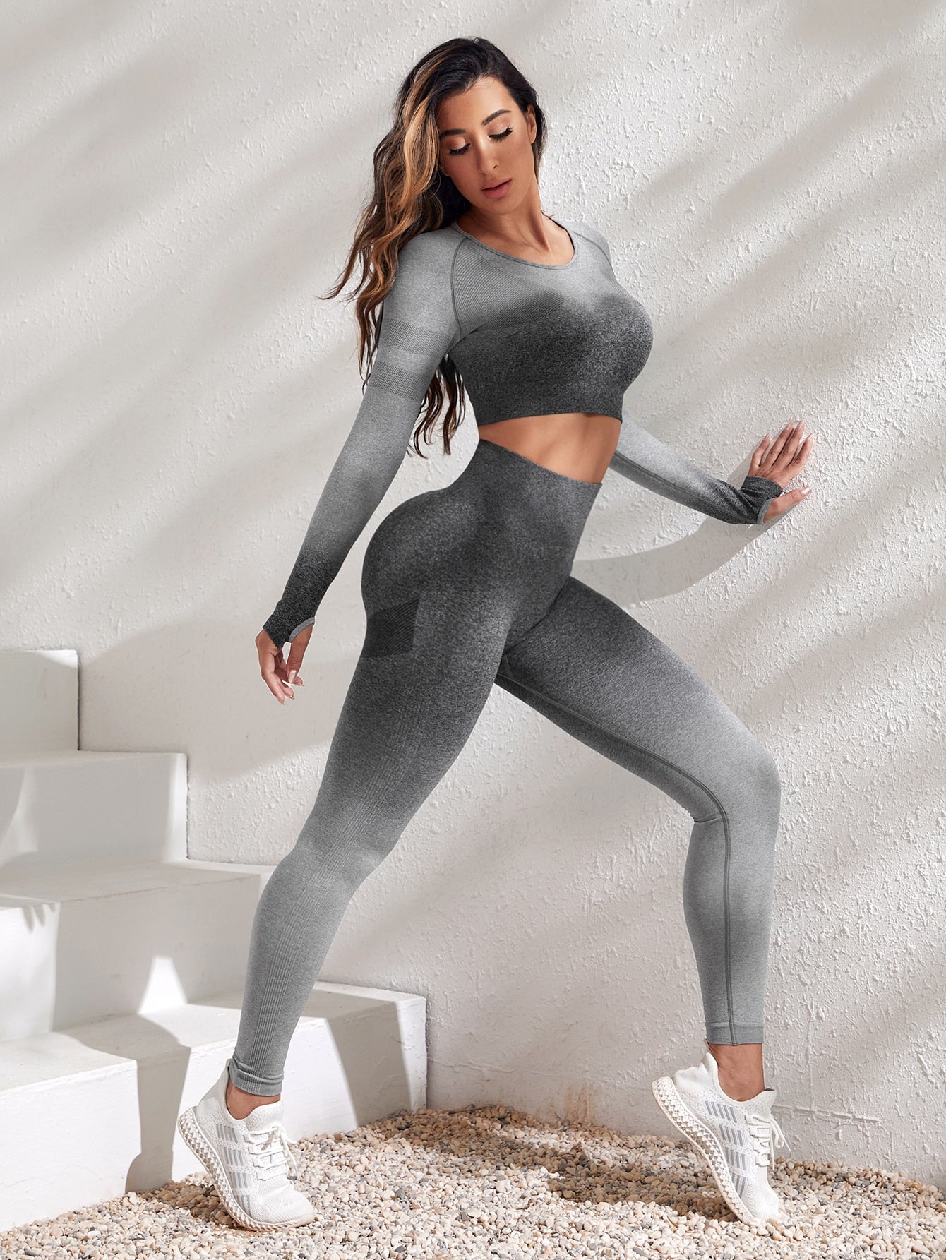 inconsútil de ombré de manga raglán Leggings con top Conjunto deportivo