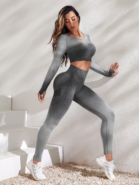 inconsútil de ombré de manga raglán Leggings con top Conjunto deportivo