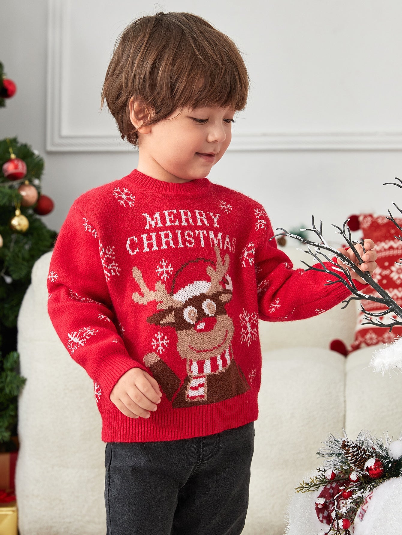 SHEIN Niños 1 pieza Jersey Navidad con slogan & con patrón de alce de hombros caídos