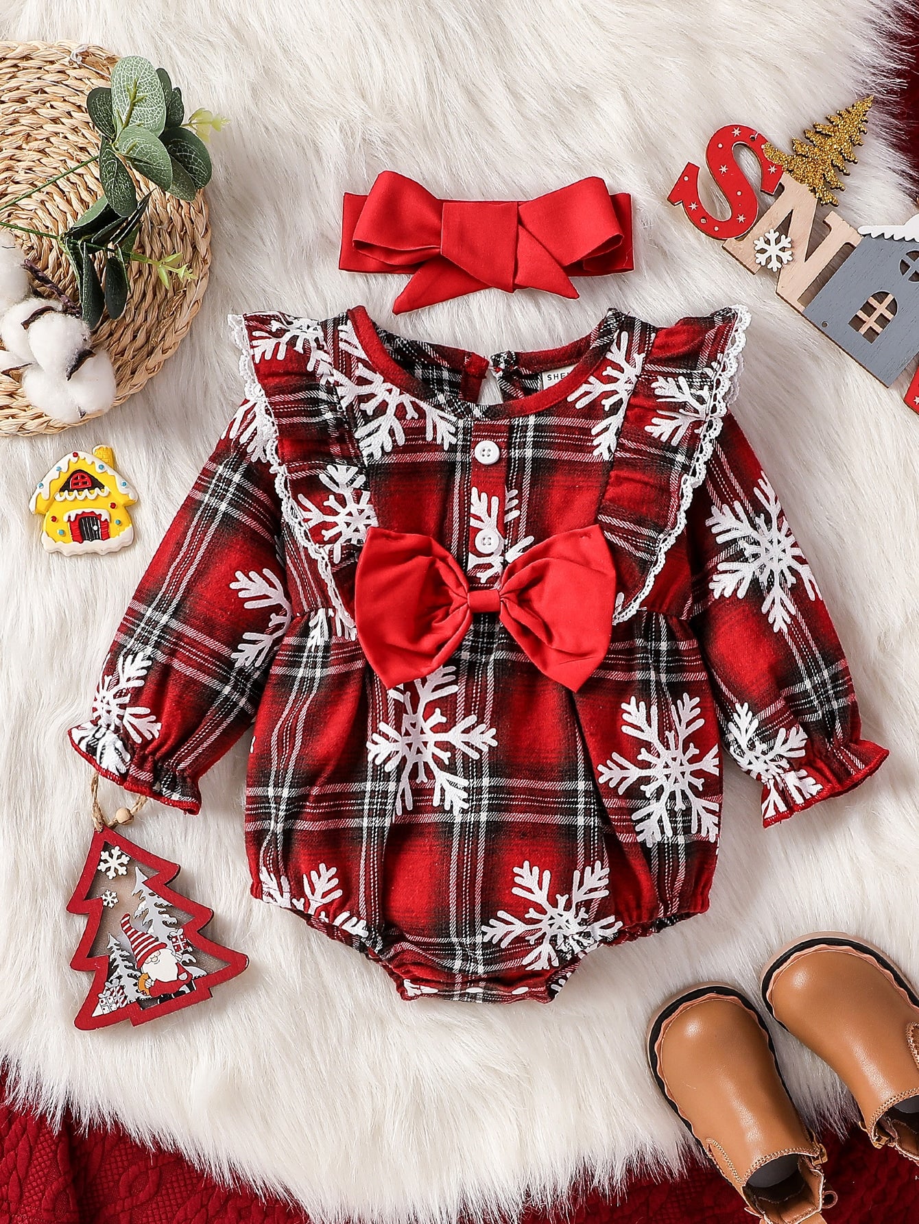 Bebé Body Navidad copo de nieve & con estampado de tartán ribete con fruncido con lazo delantero con banda cabeza