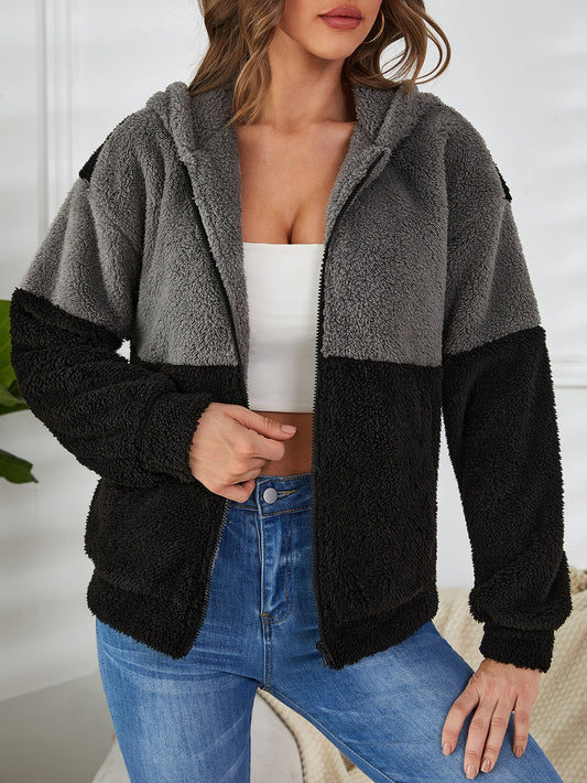 SHEIN EZwear Cazadora teddy de dos tonos de hombros caídos con capucha