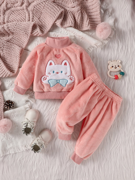 Bebé Pantalones con sudadera con bordado de dibujos animados de cuello alto de franela