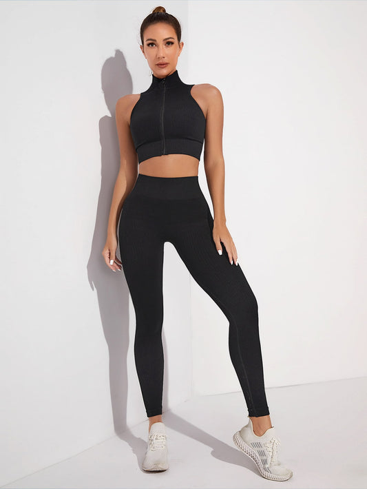 Conjunto deportivo inconsútil con cremallera control de barriga