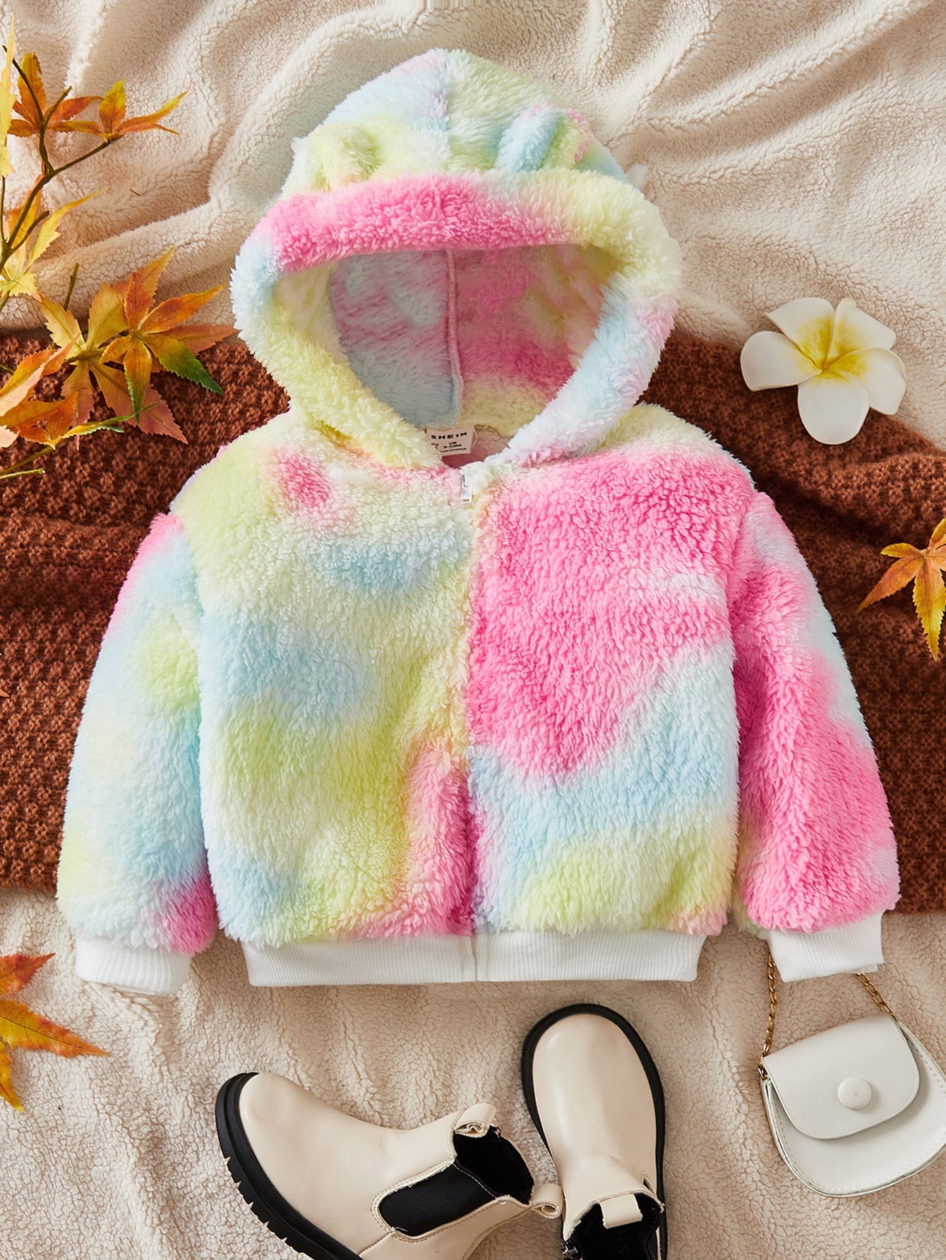 SHEIN Bebé Abrigo teddy de tie dye con diseño de orejas 3D con capucha
