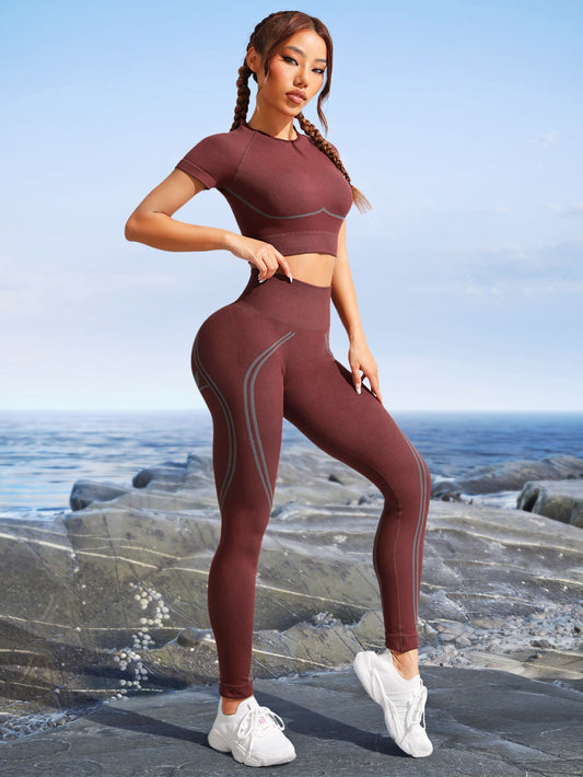 inconsútil con estiramiento alto Camiseta deportiva con control de barriga Leggings