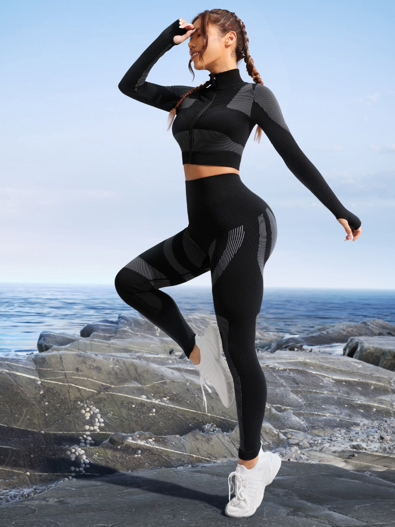 inconsútil de rayas agujeros para pulgares Cazadora deportiva & Leggings