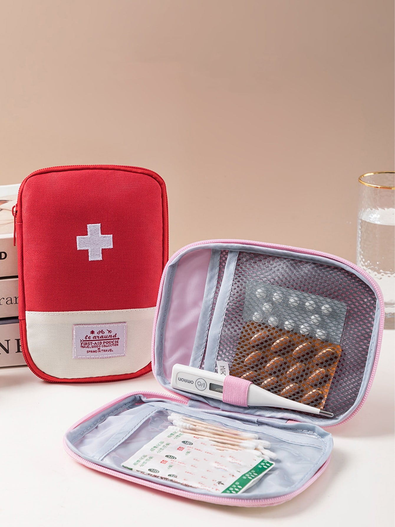Decoración de parche de letra de bolsa de almacenamiento de dos tonos para medicina