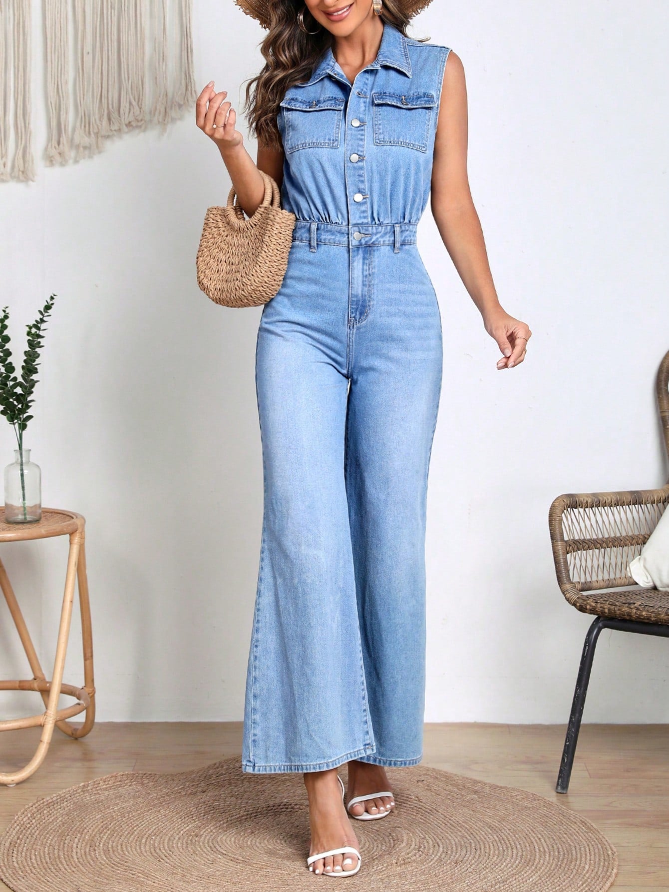 SHEIN Frenchy Mono con bolsillo con solapa con botón delantero mezclilla