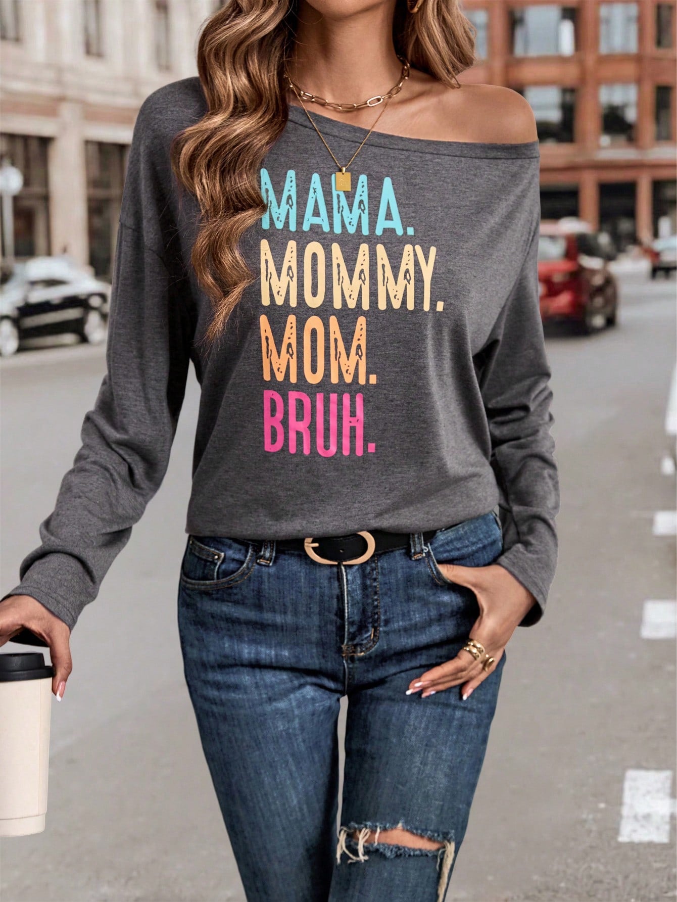 SHEIN LUNE Camiseta de hombros caídos con estampado de letra de cuello asimétrico