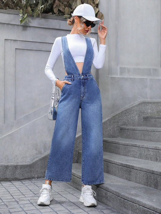 SHEIN Privé Petos mezclilla con bolsillo oblicuo sin camiseta
