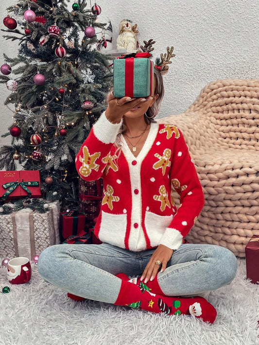 SHEIN LUNE Cárdigan con patrón de Navidad de hombros caídos