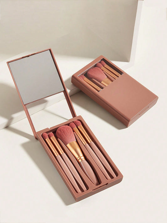 5 Piezas/set Conjunto Portátil De Accesorios De Maquillaje Con Brochas Y Espejo, Juego De Mini Cepillos De Belleza Con Cepillos De Colores Sólidos