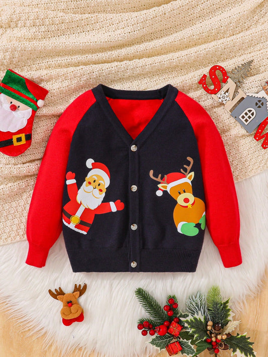 SHEIN Chico joven Cárdigan con patrón de Papá Noel de Navidad de manga raglán