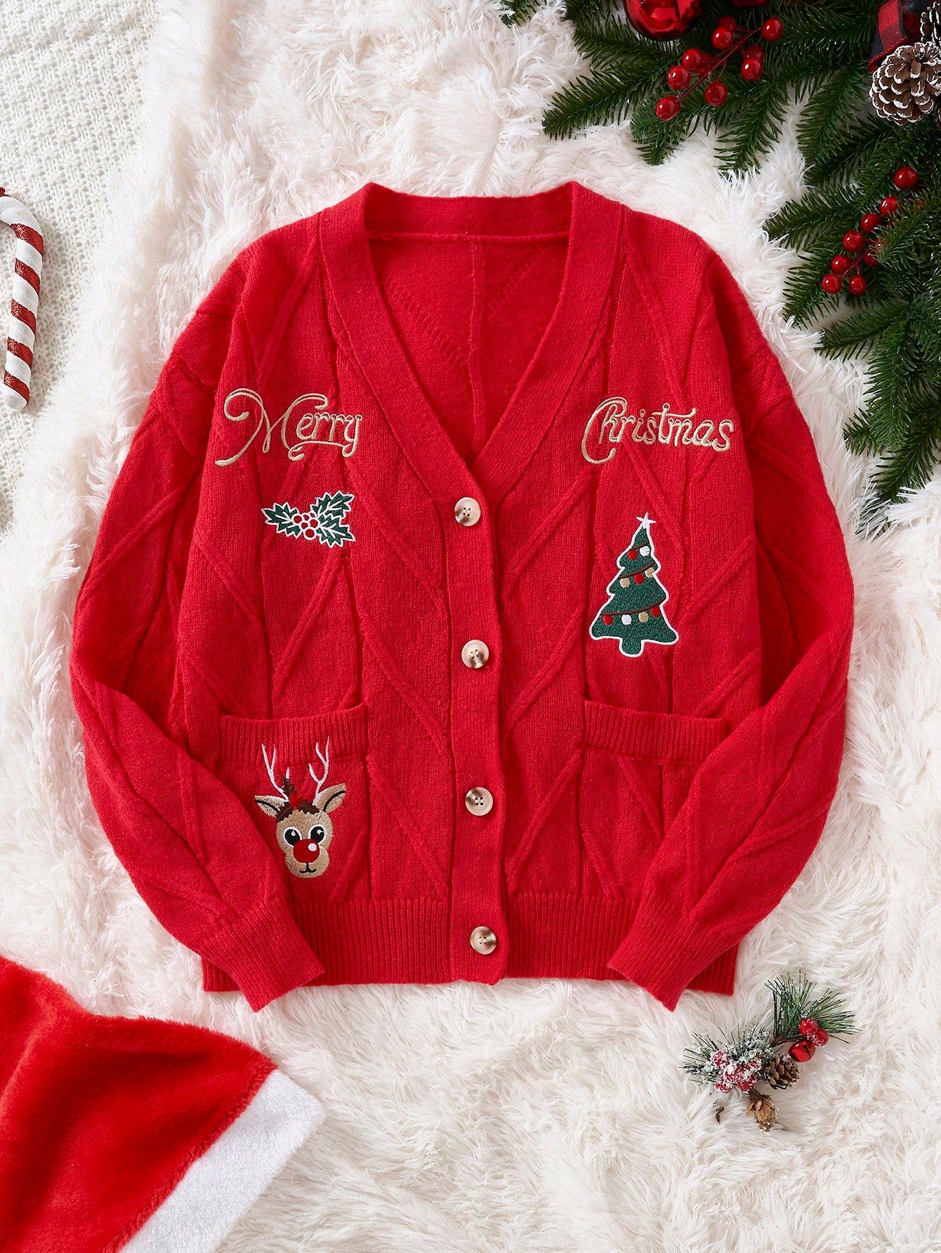 SHEIN Qutie Cárdigan con patrón de Navidad de hombros caídos