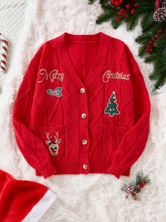 SHEIN Qutie Cárdigan con patrón de Navidad de hombros caídos
