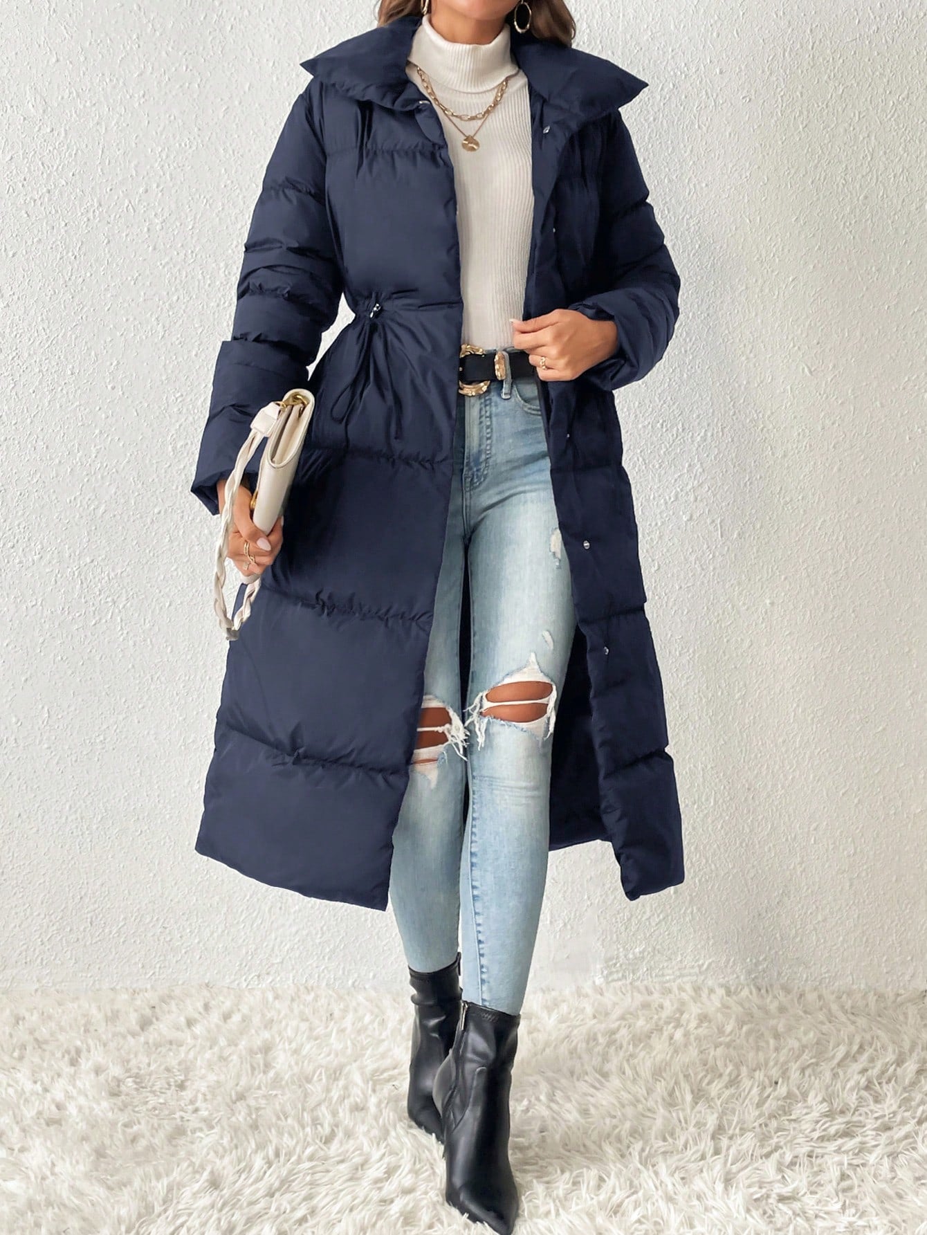 SHEIN Frenchy Chaqueta Cálida Y De Gran Solapa Para Mujer Con Cordón De Ajuste En La Cintura Y Color Sólido