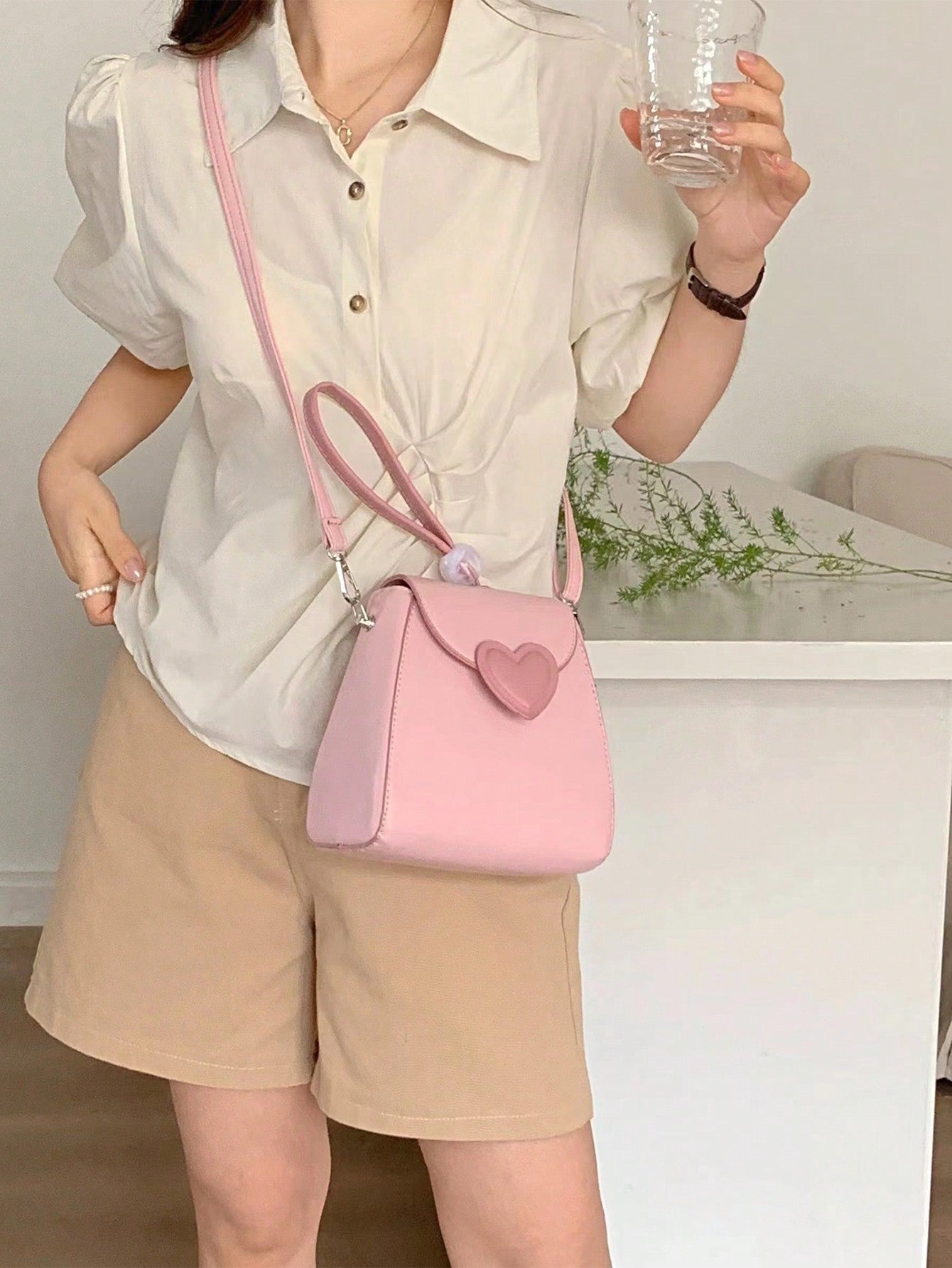 Bolso De Mano Con Forma De Corazón Rosa En Miniatura Con Perlas Multicapas Y Correa Para El Hombro, Elegante Regalo Para El Día De San Valentín, Compras Y Fiestas